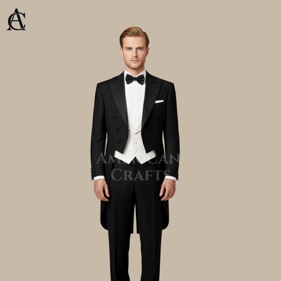 Custom Black Tailcoat Tuxedo Suit | Men's Formal Tailcoat Tails Suit | White Waistcoat & Bow Tie Set | Handmade Wedding Tux