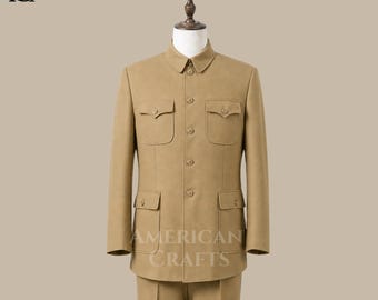 Herren Khaki chinesischer Tunika-Anzug, Mao-Kragen im Militärstil Abendgarderobe für Herren, klassisches Safari-Jacken-Ensemble, maßgeschneiderter Luxusanzug