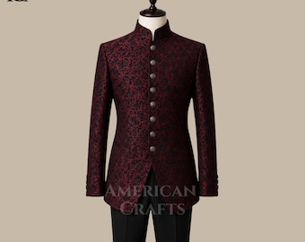 Herren Gothic Viktorianischer Brokat Jacquard Bandhgala Anzug, Regency Stehkragen Hochzeits Outfit