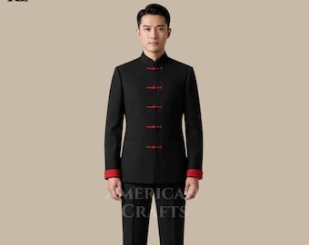Mens Black Mandarin Collar Suit, Asian Inspired Formal Suit for Men, Modern Chinese Tunic Jacket, Minimalist Wedding Groom Outfit