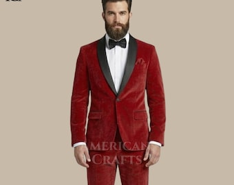 Luxus Herren Rot Samt Hochzeit Smoking mit Schwarzen Satin Revers Elegante Slim Fit Designer formelle Anzug Ensemble