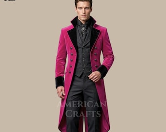 Herren Gothic Frack Anzug, magenta viktorianische Abendgarderobe für Herren, königliches Hochzeitsoutfit, aristokratisches Steampunk Anzug Set