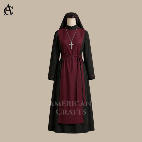 Burgundy Black Nun Habit Dress Modest Religious Outfit Christian Church Clothing Catholic Nun Robe Full Length Prayer Dress