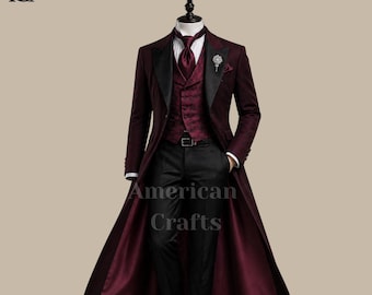 Mens Burgundy Gothic Tailcoat Suit, Victorian 3 Piece Formal Tuxedo Set, Aristocrat Wedding Outfit, Groom Suit, Regency Evening Wear