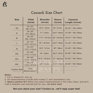 May include: A cassock size chart with measurements in inches and centimeters. The chart includes sizes XS to 4XL, with chest, shoulder, sleeve, and cassock length measurements. The text also includes notes about sizing and custom options.