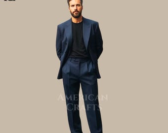 Traje cruzado azul marino personalizado para hombre • Traje formal a medida hecho a mano • Ropa de negocios para bodas y eventos