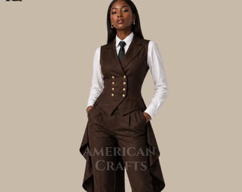 Brauner viktorianischer Steampunk-Anzug für Frauen, Gothic-Frack-Westen-Set, elegante formelle Damenbekleidung, Edwardian-inspiriertes Outfit