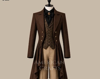 Brauner viktorianischer Herrenschwanz, Steampunk Gothic Mantel, Regency Formelle Jacke, Vintage Aristokrat Outfit