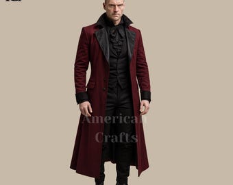 Bordeauxrode Victoriaanse gotische jas | Rode vampierrok heren | Lang steampunkjack | Aangepaste historische cosplayjas | Handgemaakte gotische kleding