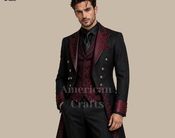 Mens Gothic Tailcoat Suit, Victorian Wedding Suit Men, Black Red Formal Tuxedo, Dracula Coat, Steampunk Groom Outfit