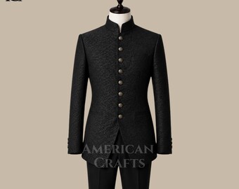 Herren schwarzer chinesischer Tunika Bandhgala Anzug, viktorianische Gothic Regency Jacke, indische Hochzeitsfeier Outfit