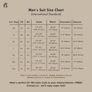 Puede incluir: Un gr&aacute;fico beige titulado "Men's Suit Size Chart" con tallas internacionales, tallas de EE. UU., tallas de la UE, medidas de pecho (86-122cm), cintura (71-107cm), hombros (43-51cm) y mangas (61-70cm).