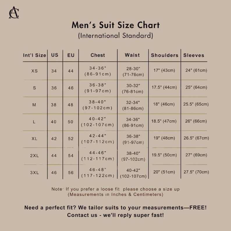 Puede incluir: Un gr&aacute;fico beige titulado "Men's Suit Size Chart" con tallas internacionales, tallas de EE. UU., tallas de la UE, medidas de pecho (86-122cm), cintura (71-107cm), hombros (43-51cm) y mangas (61-70cm).