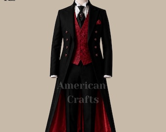Schwarzer viktorianischer Frack für Herren, Anzug mit roter Brokatweste, gotisches Hochzeitsoutfit, formeller langer Mantel, handgefertigter Bräutigamanzug