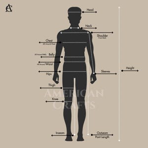 May include: A diagram illustrating human body measurements for clothing. The image features a silhouette with labeled points for head, neck, chest, waist, hips, thigh, inseam, and more. Text includes "AMERICAN CRAFTS" and measurement labels.