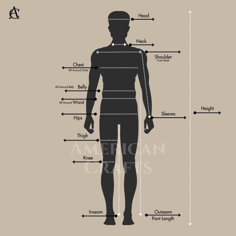 May include: A diagram illustrating human body measurements for clothing. The image features a silhouette with labeled points for head, neck, chest, waist, hips, thigh, inseam, and more. Text includes "AMERICAN CRAFTS" and measurement labels.