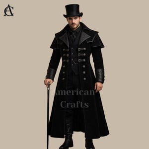 May include: A black, long coat with a top hat and a walking stick. The coat has a high collar, multiple buttons, and leather accents on the cuffs and shoulders. The text "American Crafts" is visible on the coat.
