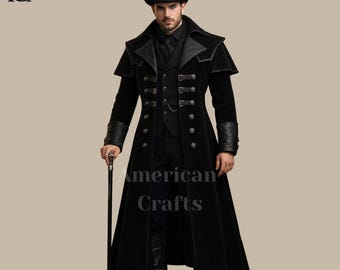 Handmade Gothic Victorian Men’s Long Black Velvet Coat | Custom Regency Tailcoat Vampire Costume | Steampunk Gentleman Trench | Gothic Suit