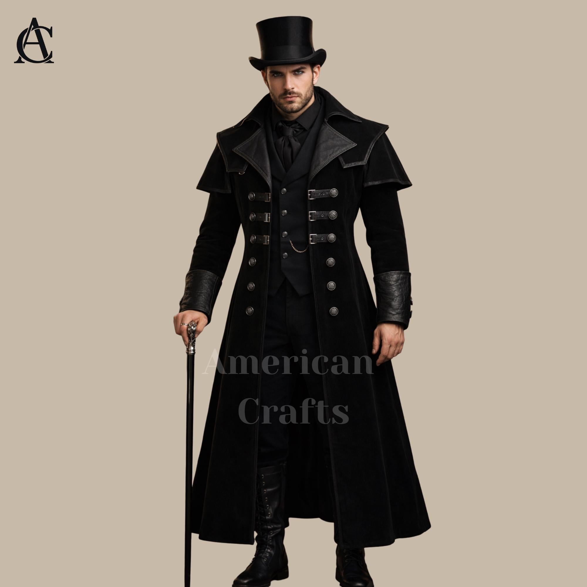 Handmade Gothic Victorian Men's Long Black Velvet Coat | Custom