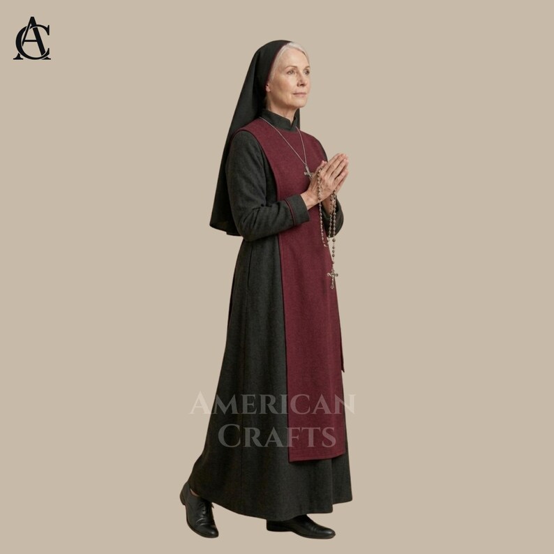 May include: A woman in a traditional nun's habit, featuring a black veil and a long, dark gray dress with a burgundy apron-like overlay. The image includes the text "AMERICAN CRAFTS". She is holding a rosary.