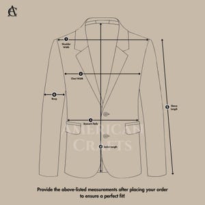 Puede incluir: Diagrama de una chaqueta con etiquetas de medici&oacute;n para el ancho de los hombros, el ancho del pecho, el b&iacute;ceps, la longitud de la manga y la longitud de la chaqueta. El texto "AMERICAN CROFTS" es visible. El texto "&iexcl;Proporcione las medidas anteriores despu&eacute;s de realizar su pedido para asegurar un ajuste perfecto!" tambi&eacute;n es visible.