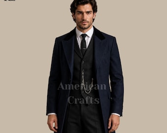 Costume homme bleu marine à long manteau, costume de mariage noir trois pièces, tenue Peaky Blinders, costume de marié années 1920, vêtements vintage sur mesure pour hommes