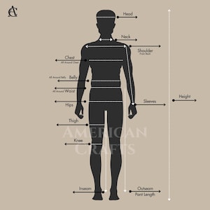 K&ouml;nnte beinhalten: Ein Diagramm, das K&ouml;rperma&szlig;e f&uuml;r Kleidung zeigt. Die Silhouette einer Person ist mit Messpunkten wie Kopf, Brust, Taille, H&uuml;fte und Schrittl&auml;nge beschriftet. Der Text "AMERICAN CRAFTS" ist unten sichtbar.