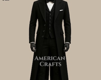 Gothic Viktorianischer 3-teiliger Anzug für Männer • Langer Mantel Frack Weste Hose • Steampunk Hochzeitsanzug • Wollmischung Formelles Kostüm