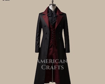 Gothic Viktorianischer Herrenanzug • 3-teiliger Frack-Set • Steampunk Langer Mantel & Weste • Vampir-Kostüm-Smoking • Maßgefertigter Anzug aus Wollmischung