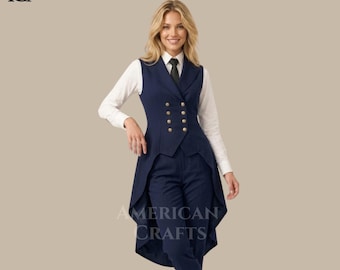 Traje de frac azul marino para mujer, traje formal de pantalón, chaleco cruzado, blazer, elegante estilo esmoquin, hecho a medida.