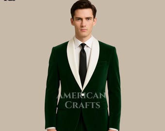 Grüner Samt-Tuxedo für Herren - Weißer Schalkragen-Samtanzug, formelle Abendgarderobe, Herren-Samtblazer & -hose, Geschenk für Ihn
