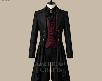 Herren Schwarzer Gothic Tailcoat, Viktorianischer Steampunk Mantel, Vampir Prinz Jacke, Burgunder Weste Formelle Kleidung