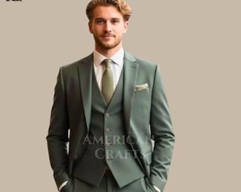 Herren Salbeigrüner Anzug 3-Teilig | Hochzeit Bräutigam Anzug | Slim Fit Anzug | Abschlussballanzug | Maßgeschneiderte Herrenanzüge | Groomsmen Outfit
