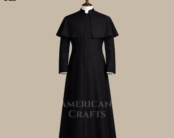 Black Clergy Cassock with Shoulder Cape for Priests, Anglican & Catholic Robe, Handmade Full Length Clerical Vestment