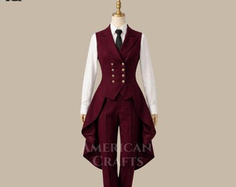 Traje de frac burdeos para mujer, conjunto de chaleco y pantalón de doble botonadura, elegante traje de esmoquin a medida.