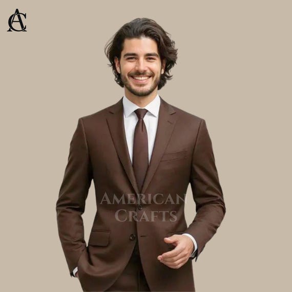 Men’s Brown Suit | Elegant 2 Piece Wedding Suit for Groom | Slim Fit Formal Business Suit | Tailored Prom Suit for Men