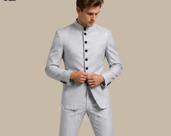 Hellgrauer Bandhgala-Anzug für Herren, chinesische Tunika Stehkragen Hochzeitsanzug, Regency Victorian Abendkleidung