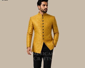 Herren Gold Brokat Jacquard Bandhgala Anzug, viktorianischen Regentschaft Stehkragen Hochzeits Outfit