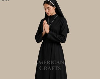 Schwarzes Nonne Habit Kleid für Frauen, katholisches religiöses Kostüm, traditionelle Schwester Robe mit Schleier