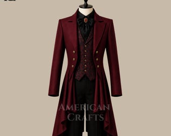Herren Burgunder Frack, Gothic Viktorian Steampunk Hochzeit Jacke, Vampir Prinz Mantel