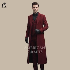 Gotische bordeauxrode slipjas • Victoriaanse lange jas voor heren • Steampunk herengeklede jas • Op maat gemaakte handgemaakte evenementkleding