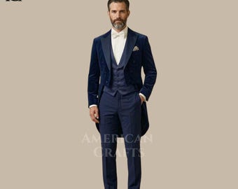 Dunkelblauer Samt-Frack-Smoking für Herren, Luxus-Zweireiher-Anzug mit Satin-Revers und elegante Hochzeits-Abendgarderobe