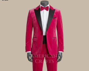 Herren Hot Pink Samt Smoking Luxus-Hochzeits-Blazer mit schwarzem Satin Revers Designer Slim Fit Abendkleidung gesetzt