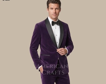 Mens Purple Velvet Dinner Jacket Suit, Luxury Formal Wear for Men, Black Lapel Wedding Tuxedo, Designer Evening Suit
