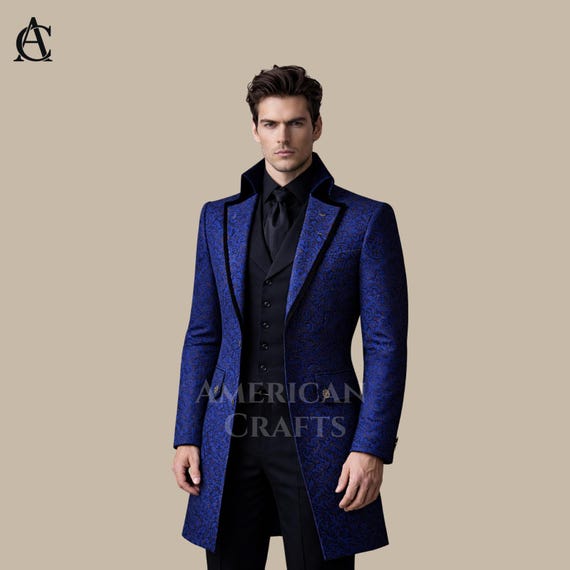 Royal Blue Victorian Coat Mens Wedding Tuxedo Tailcoat Gothic Suit Jacket Prom Outfit Steampunk Long Blazer Custom Made Formal Wear
