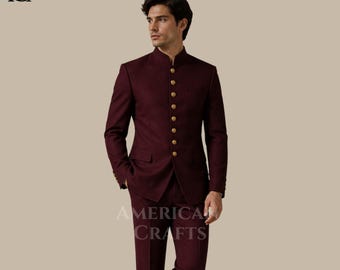 Herren Burgunder chinesische Tunika Bandhgala Anzug, viktorianische Gothic Regency Formelle Jacke, Hochzeitsfeier Outfit