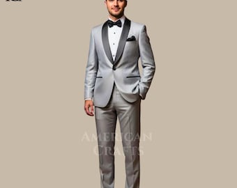 Traje de esmoquin gris plateado para hombre • Esmoquin de graduación con solapa chal personalizado • Traje de boda para novio gris hecho a mano • Conjunto de traje formal gris a medida plateado