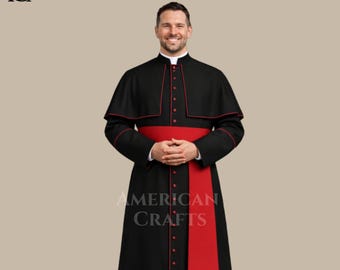 Custom Traditional Black Priest Cassock with Red Piping | Catholic Clergy Robe | Handmade Roman Cassock with Sash | Gothic Church Vestment