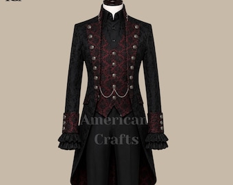 Black Burgundy Gothic Tailcoat for Men, Victorian Prince Coat, Regency Wedding Suit, Steampunk Formal Wear, Handmade Custom Outfit