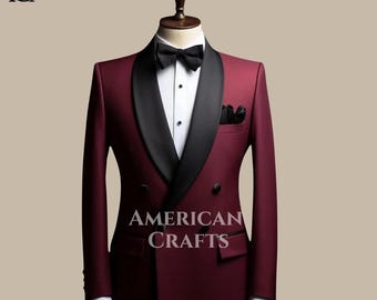 Esmoquin burdeos con solapa chal para hombre / Traje de boda cruzado / Traje formal a medida / Traje de graduación y corbata negra / Esmoquin a medida